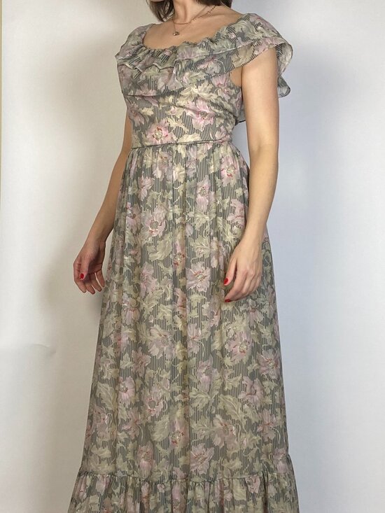 Vintage 1970s DREAMY Striped FLORAL Gown -- Small - Picture 5 of 10